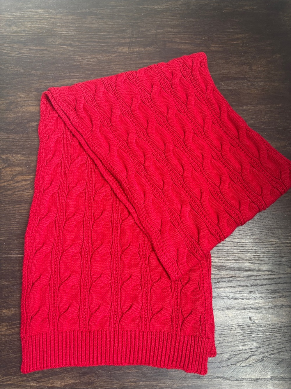 Lands’ End cable knit scarf, cotton blend?, deep red, 13x79”